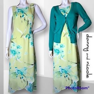 VINTAGE 90s Danny & Nicole Spring Floral ASYMMETRICAL Sun Dress w Cardigan Sz 12